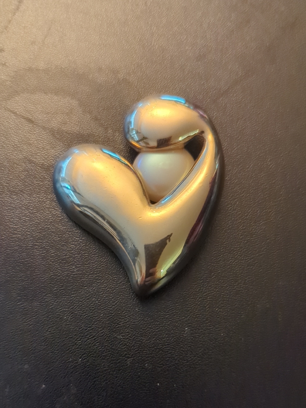 Abstract Goldtone Heart And Faux Pearl Brooch